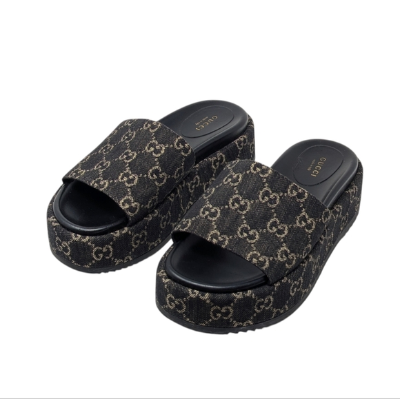 Gucci Jacquard Black Denim GG Monogram Angelina Platform Slide Sandal EU 38.5 - Picture 2 of 14